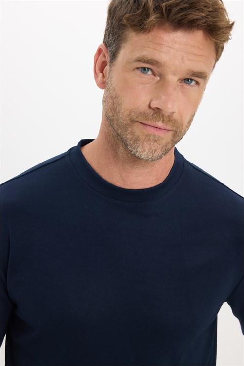 Erkek Standart Fit Normal Kesim Uzun Kollu Ekstra Soft Modal Kumaş Bisiklet Yaka Lacivert Sweatshirt