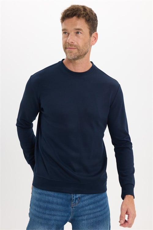 Erkek Standart Fit Normal Kesim Uzun Kollu Ekstra Soft Modal Kumaş Bisiklet Yaka Lacivert Sweatshirt