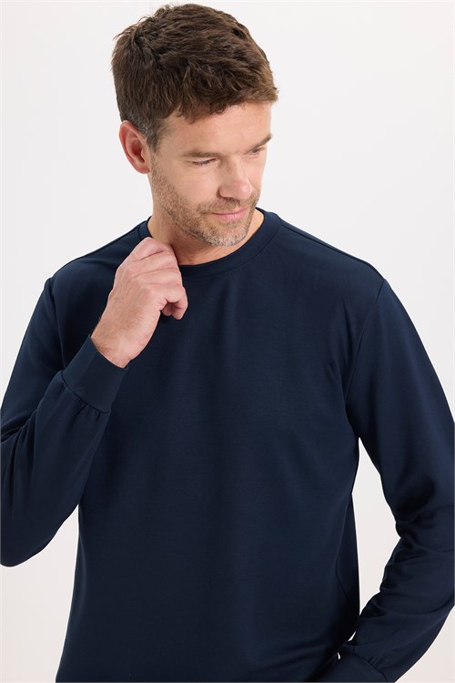 Erkek Standart Fit Normal Kesim Uzun Kollu Ekstra Soft Modal Kumaş Bisiklet Yaka Lacivert Sweatshirt