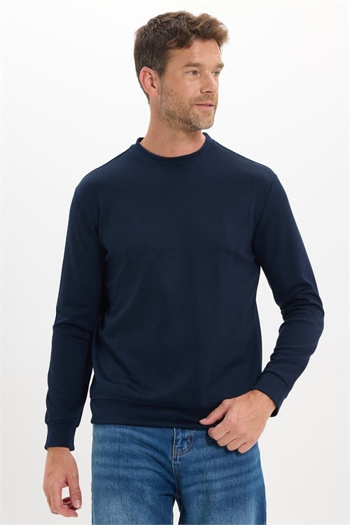 Erkek Standart Fit Normal Kesim Uzun Kollu Ekstra Soft Modal Kumaş Bisiklet Yaka Lacivert Sweatshirt