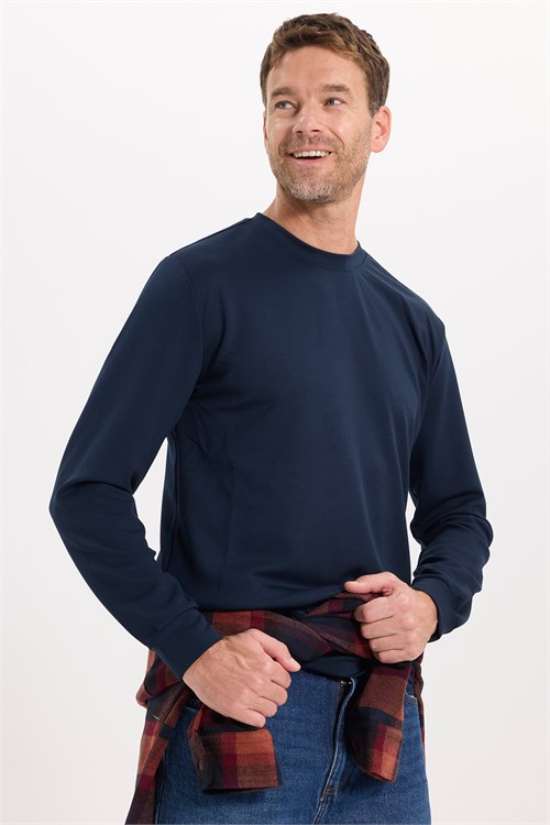 Erkek Standart Fit Normal Kesim Uzun Kollu Ekstra Soft Modal Kumaş Bisiklet Yaka Lacivert Sweatshirt