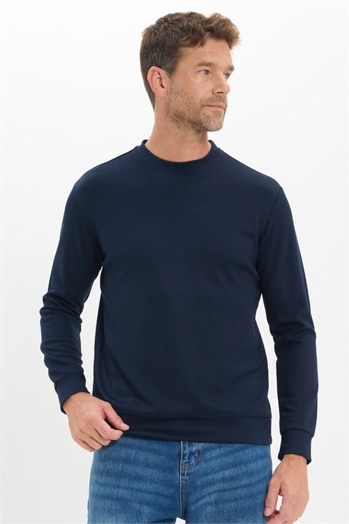 Erkek Standart Fit Normal Kesim Uzun Kollu Ekstra Soft Modal Kumaş Bisiklet Yaka Lacivert Sweatshirt