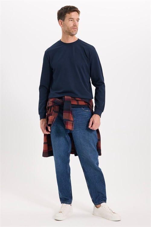 Erkek Standart Fit Normal Kesim Uzun Kollu Ekstra Soft Modal Kumaş Bisiklet Yaka Lacivert Sweatshirt