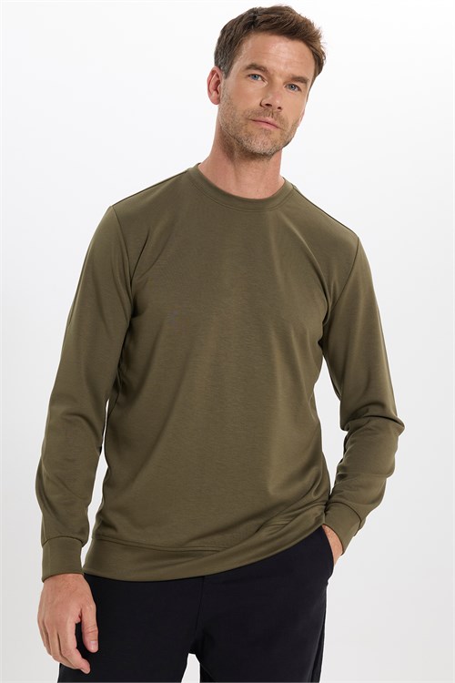 Erkek Standart Fit Normal Kesim Uzun Kollu Ekstra Soft Modal Kumaş Bisiklet Yaka Haki Sweatshirt
