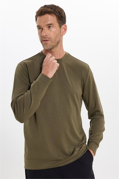 Erkek Standart Fit Normal Kesim Uzun Kollu Ekstra Soft Modal Kumaş Bisiklet Yaka Haki Sweatshirt