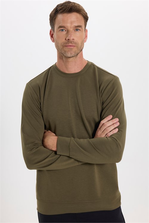 Erkek Standart Fit Normal Kesim Uzun Kollu Ekstra Soft Modal Kumaş Bisiklet Yaka Haki Sweatshirt