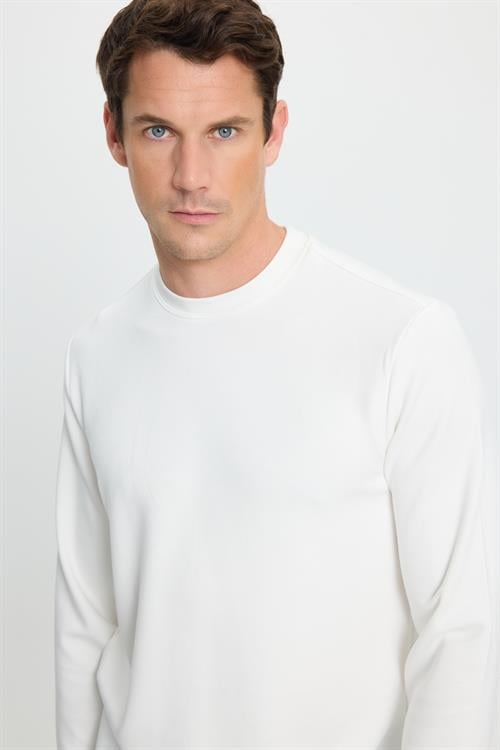 Erkek Standart Fit Normal Kesim Uzun Kollu Ekstra Soft Modal Kumaş Bisiklet Yaka Ekru Sweatshirt