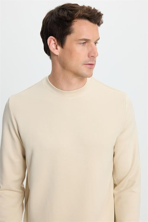 Erkek Standart Fit Normal Kesim Uzun Kollu Ekstra Soft Modal Kumaş Bisiklet Yaka Kemik Rengi Sweatshirt