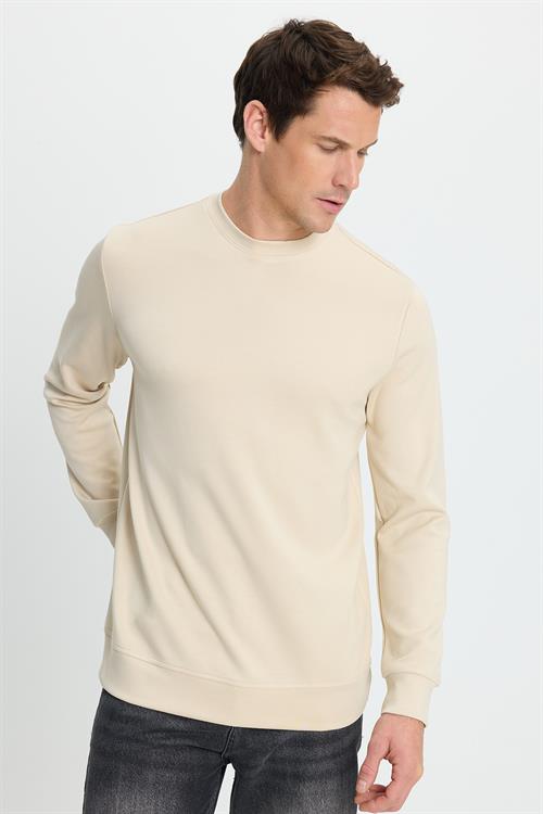 Erkek Standart Fit Normal Kesim Uzun Kollu Ekstra Soft Modal Kumaş Bisiklet Yaka Kemik Rengi Sweatshirt