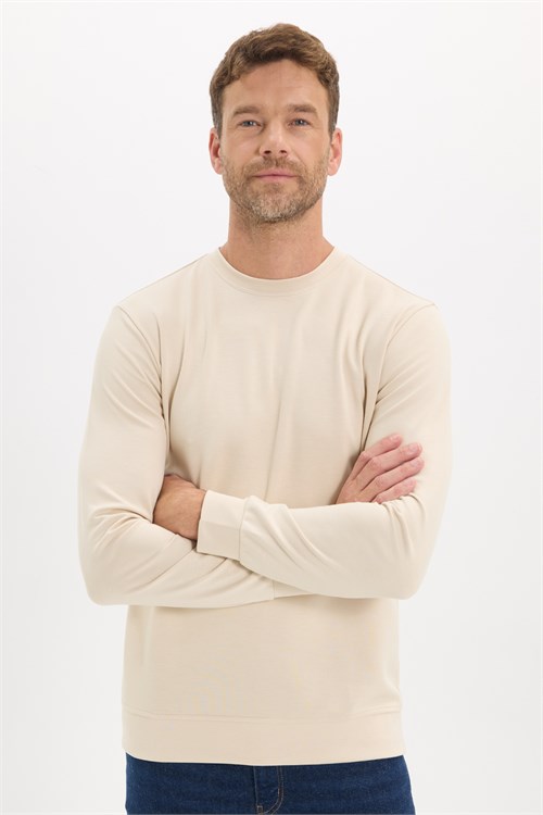 Erkek Standart Fit Normal Kesim Uzun Kollu Ekstra Soft Modal Kumaş Bisiklet Yaka Kemik Rengi Sweatshirt