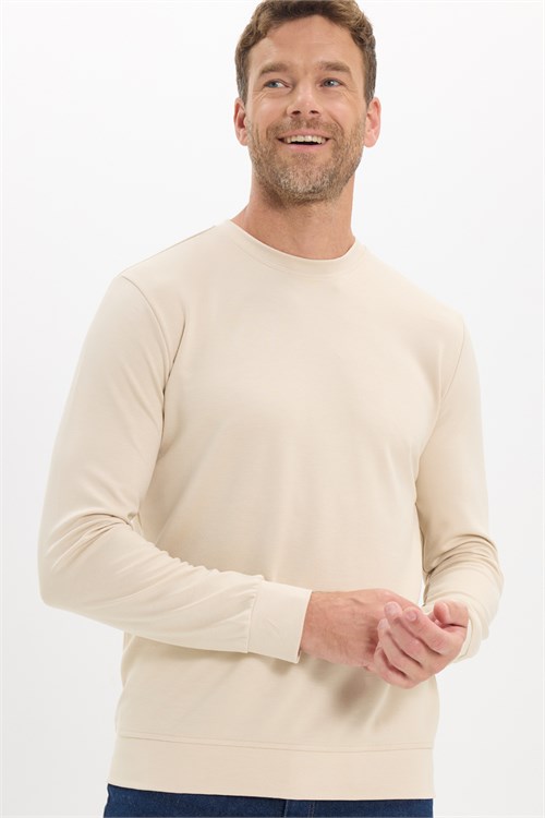 Erkek Standart Fit Normal Kesim Uzun Kollu Ekstra Soft Modal Kumaş Bisiklet Yaka Kemik Rengi Sweatshirt