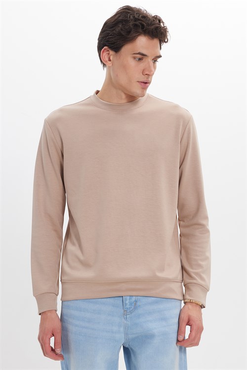 Erkek Standart Fit Normal Kesim Uzun Kollu Ekstra Soft Modal Kumaş Bisiklet Yaka Koyu Vizon Sweatshirt