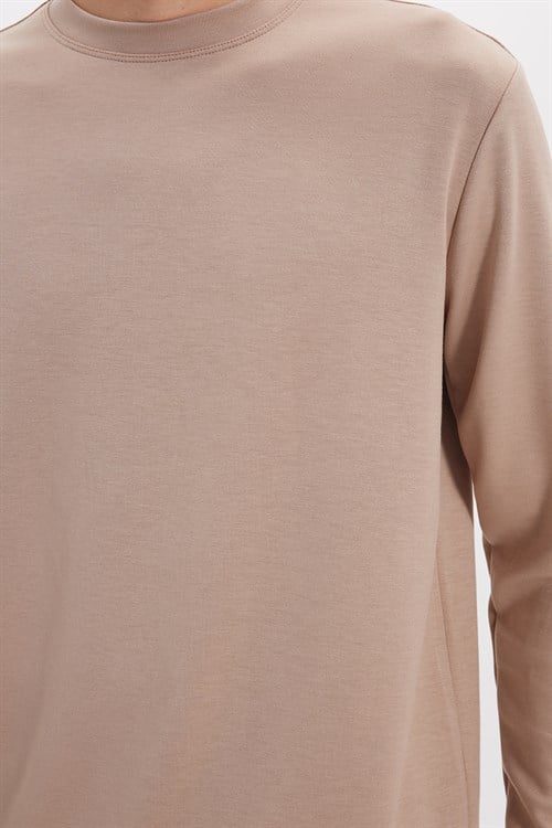 Erkek Standart Fit Normal Kesim Uzun Kollu Ekstra Soft Modal Kumaş Bisiklet Yaka Koyu Vizon Sweatshirt