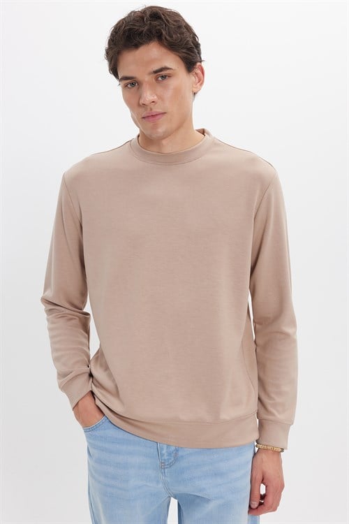 Erkek Standart Fit Normal Kesim Uzun Kollu Ekstra Soft Modal Kumaş Bisiklet Yaka Koyu Vizon Sweatshirt