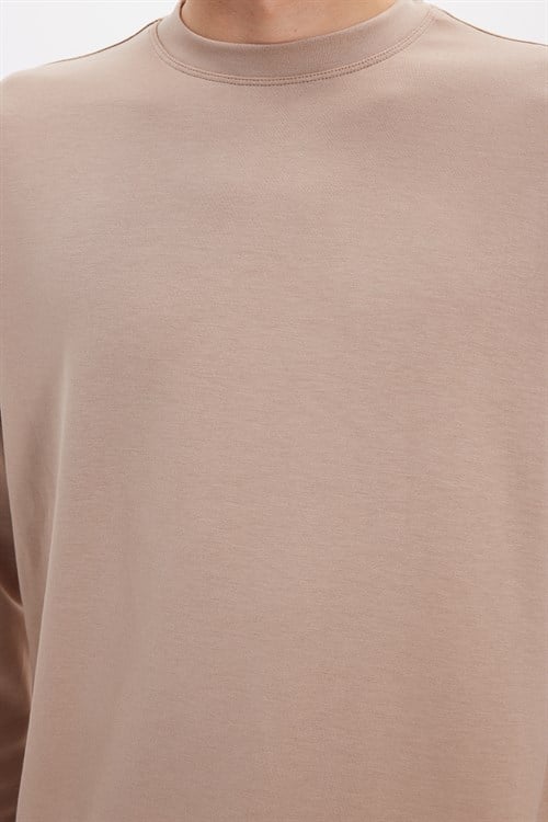Erkek Standart Fit Normal Kesim Uzun Kollu Ekstra Soft Modal Kumaş Bisiklet Yaka Koyu Vizon Sweatshirt