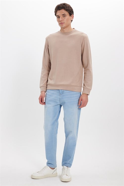 Erkek Standart Fit Normal Kesim Uzun Kollu Ekstra Soft Modal Kumaş Bisiklet Yaka Koyu Vizon Sweatshirt