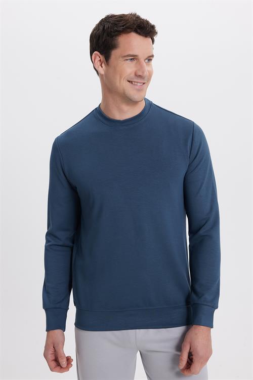 Erkek Standart Fit Normal Kesim Uzun Kollu Ekstra Soft Modal Kumaş Bisiklet Yaka Koyu Petrol Sweatshirt