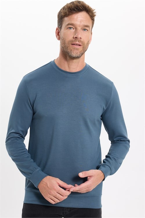 Erkek Standart Fit Normal Kesim Uzun Kollu Ekstra Soft Modal Kumaş Bisiklet Yaka Koyu Petrol Sweatshirt
