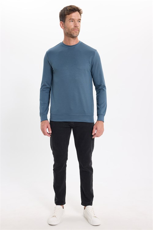 Erkek Standart Fit Normal Kesim Uzun Kollu Ekstra Soft Modal Kumaş Bisiklet Yaka Koyu Petrol Sweatshirt