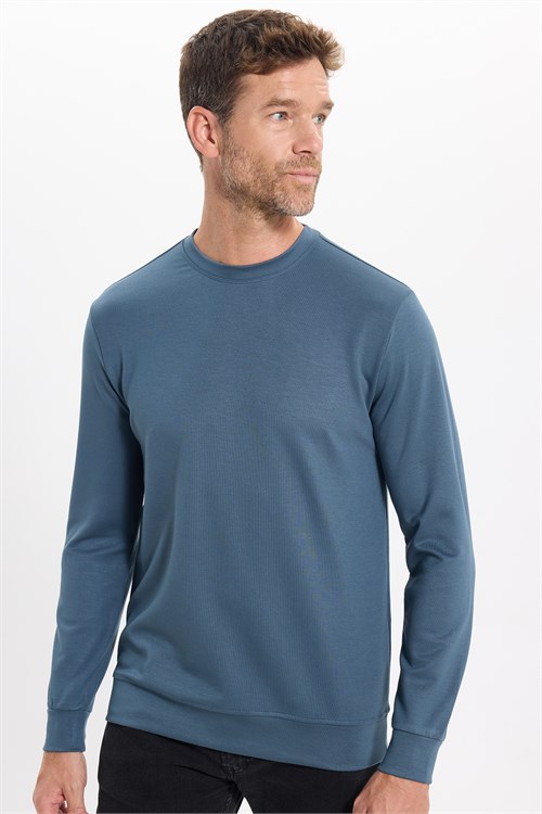 Erkek Standart Fit Normal Kesim Uzun Kollu Ekstra Soft Modal Kumaş Bisiklet Yaka Koyu Petrol Sweatshirt