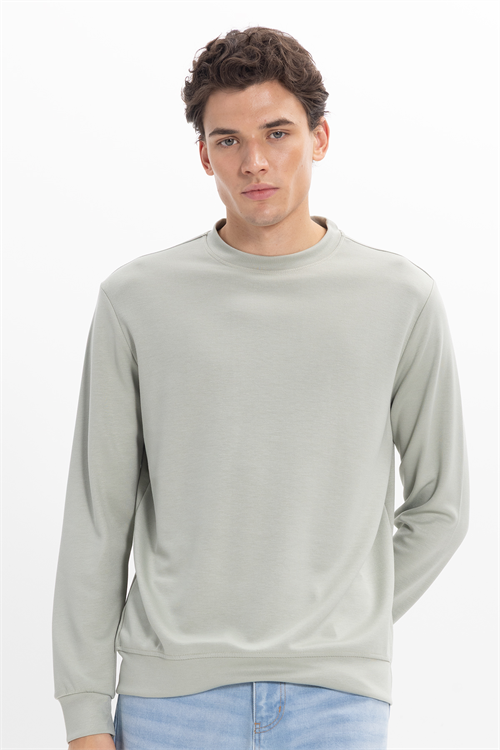 Erkek Standart Fit Normal Kesim Uzun Kollu Ekstra Soft Modal Kumaş Bisiklet Yaka Yeşil Sweatshirt