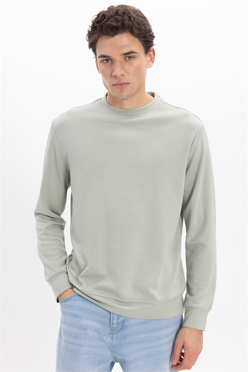 Erkek Standart Fit Normal Kesim Uzun Kollu Ekstra Soft Modal Kumaş Bisiklet Yaka Yeşil Sweatshirt