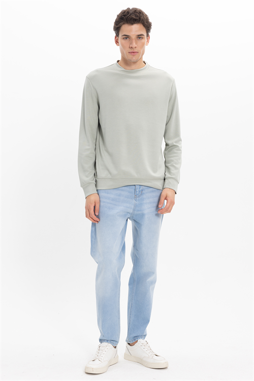 Erkek Standart Fit Normal Kesim Uzun Kollu Ekstra Soft Modal Kumaş Bisiklet Yaka Yeşil Sweatshirt