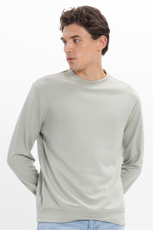 Erkek Standart Fit Normal Kesim Uzun Kollu Ekstra Soft Modal Kumaş Bisiklet Yaka Yeşil Sweatshirt