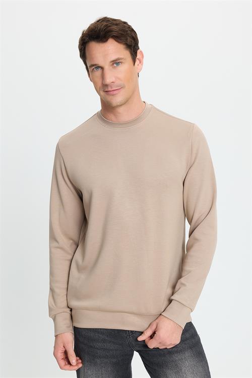 Erkek Standart Fit Normal Kesim Uzun Kollu Ekstra Soft Modal Kumaş Bisiklet Yaka Vizon Sweatshirt