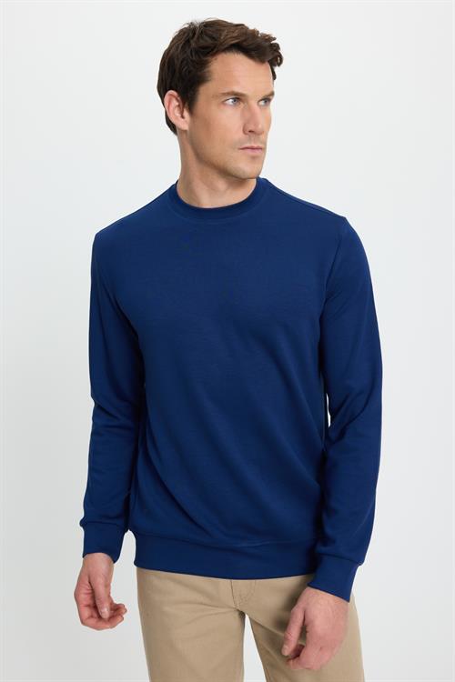 Erkek Standart Fit Normal Kesim Uzun Kollu Ekstra Soft Modal Kumaş Bisiklet Yaka Açık Lacivert Sweatshirt