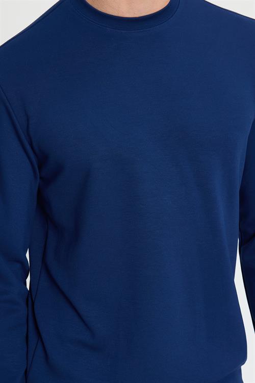 Erkek Standart Fit Normal Kesim Uzun Kollu Ekstra Soft Modal Kumaş Bisiklet Yaka Açık Lacivert Sweatshirt