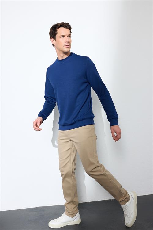 Erkek Standart Fit Normal Kesim Uzun Kollu Ekstra Soft Modal Kumaş Bisiklet Yaka Açık Lacivert Sweatshirt