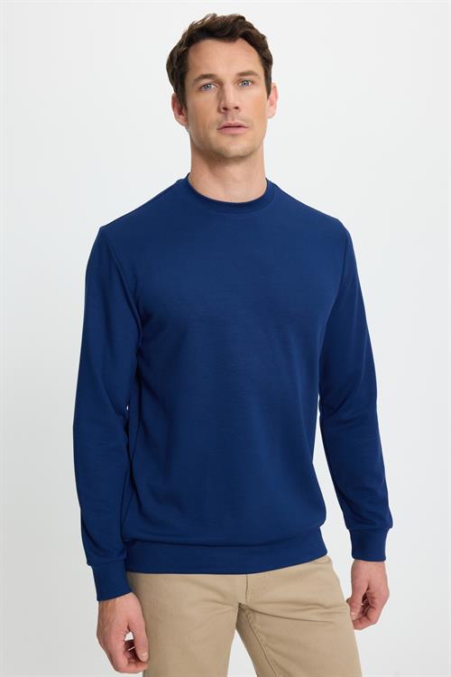 Erkek Standart Fit Normal Kesim Uzun Kollu Ekstra Soft Modal Kumaş Bisiklet Yaka Açık Lacivert Sweatshirt