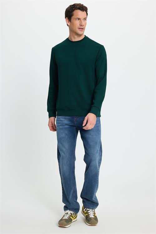 Erkek Standart Fit Normal Kesim Uzun Kollu Ekstra Soft Modal Kumaş Bisiklet Yaka Yeşil Sweatshirt
