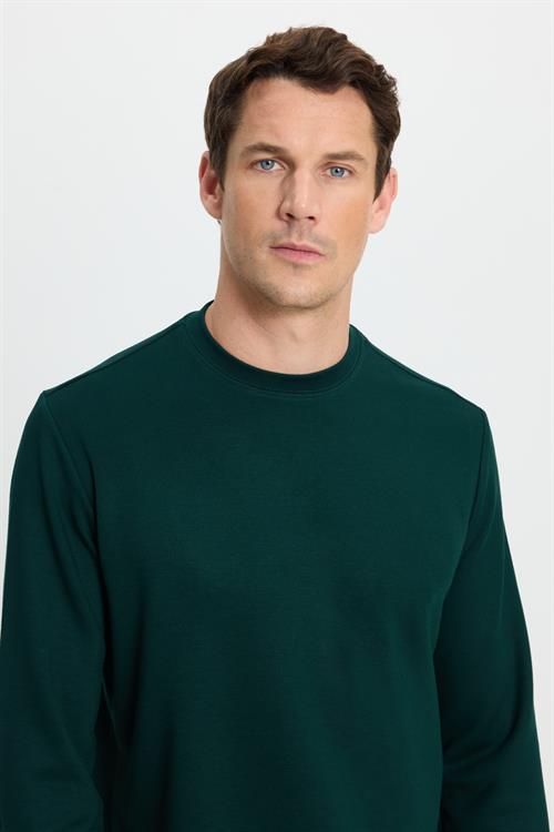 Erkek Standart Fit Normal Kesim Uzun Kollu Ekstra Soft Modal Kumaş Bisiklet Yaka Yeşil Sweatshirt