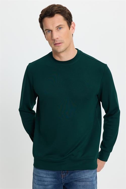 Erkek Standart Fit Normal Kesim Uzun Kollu Ekstra Soft Modal Kumaş Bisiklet Yaka Yeşil Sweatshirt