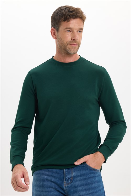 Erkek Standart Fit Normal Kesim Uzun Kollu Ekstra Soft Modal Kumaş Bisiklet Yaka Yeşil Sweatshirt