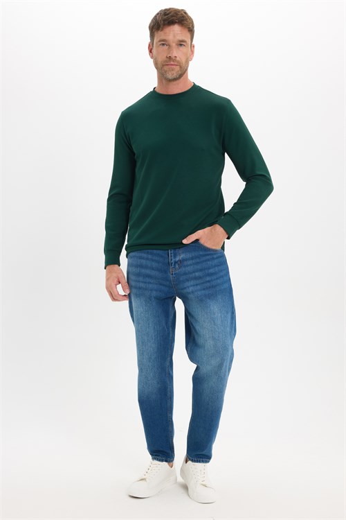 Erkek Standart Fit Normal Kesim Uzun Kollu Ekstra Soft Modal Kumaş Bisiklet Yaka Yeşil Sweatshirt