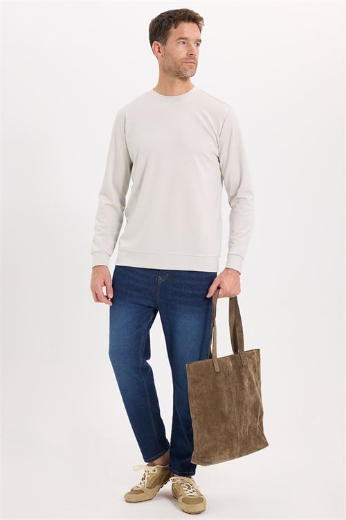 Erkek Standart Fit Normal Kesim Uzun Kollu Ekstra Soft Modal Kumaş Bisiklet Yaka Taş Sweatshirt