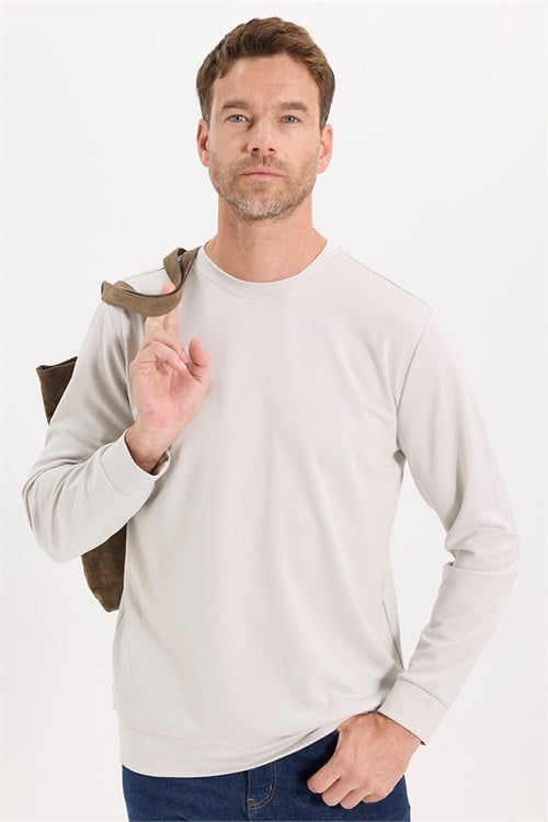 Erkek Standart Fit Normal Kesim Uzun Kollu Ekstra Soft Modal Kumaş Bisiklet Yaka Taş Sweatshirt