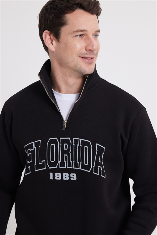 Erkek Relax Fit Rahat Kesim Pamuklu Yarım Fermuarlı Baskılı Siyah Sweatshirt