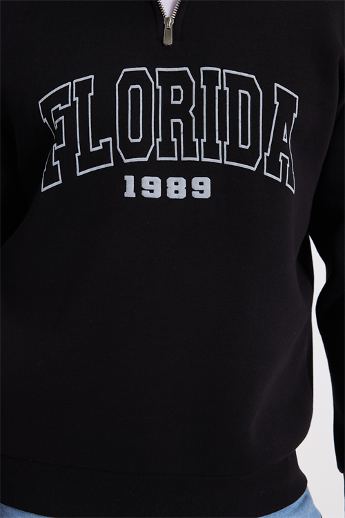 Erkek Relax Fit Rahat Kesim Pamuklu Yarım Fermuarlı Baskılı Siyah Sweatshirt