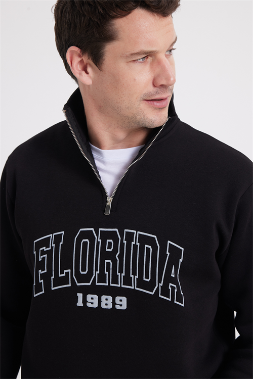 Erkek Relax Fit Rahat Kesim Pamuklu Yarım Fermuarlı Baskılı Siyah Sweatshirt