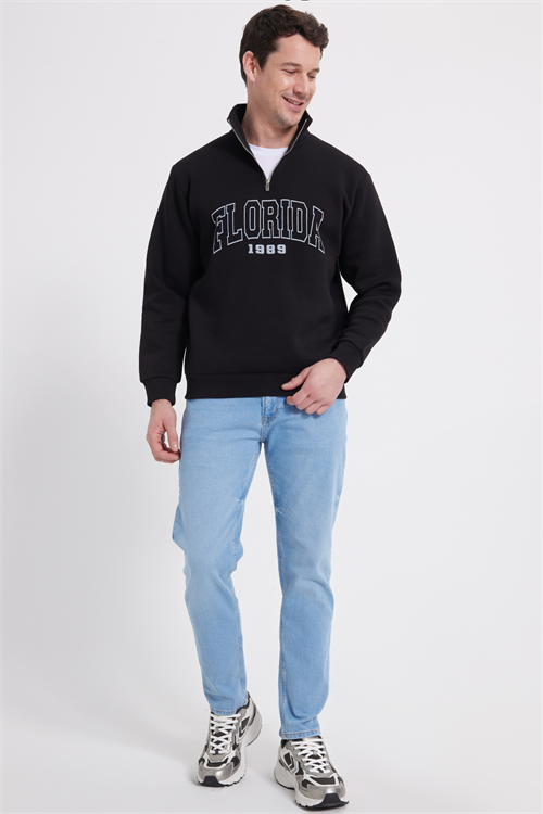 Erkek Relax Fit Rahat Kesim Pamuklu Yarım Fermuarlı Baskılı Siyah Sweatshirt