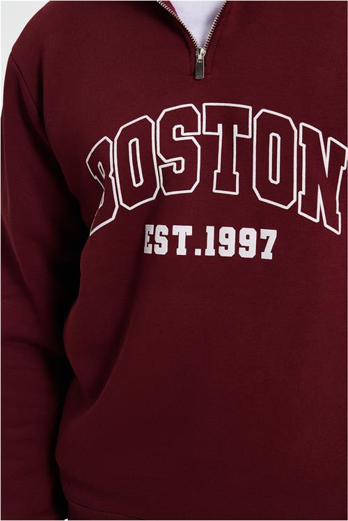 Erkek Relax Fit Rahat Kesim Pamuklu Yarım Fermuarlı Baskılı Bordo Sweatshirt