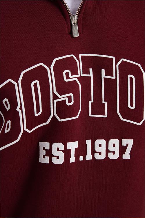 Erkek Relax Fit Rahat Kesim Pamuklu Yarım Fermuarlı Baskılı Bordo Sweatshirt