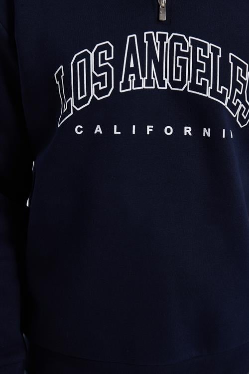 Erkek Relax Fit Rahat Kesim Pamuklu Yarım Fermuarlı Baskılı Lacivert Sweatshirt