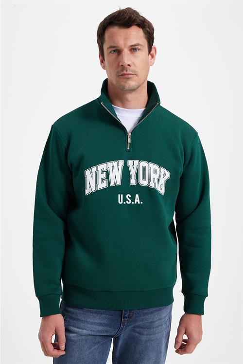 Erkek Relax Fit Rahat Kesim Pamuklu Yarım Fermuarlı Baskılı Haki Sweatshirt