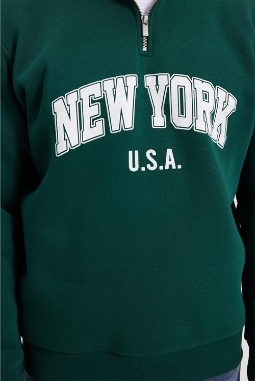 Erkek Relax Fit Rahat Kesim Pamuklu Yarım Fermuarlı Baskılı Haki Sweatshirt