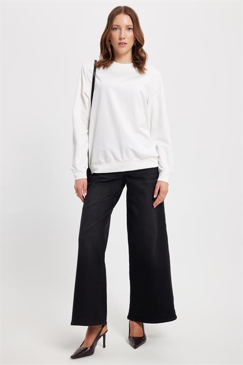 Kadın Oversize Geniş Kesim %100 Pamuk 2 İplik Bisiklet Yaka Beyaz Sweatshirt 